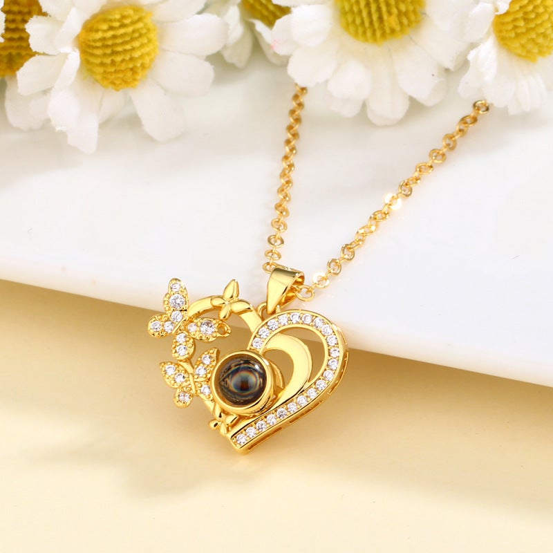 Popular Heart Butterfly Necklace For Women In 100 Languages ​​I Love You Color Picture Projection Customized Heart Clavicle Chain - Image 3